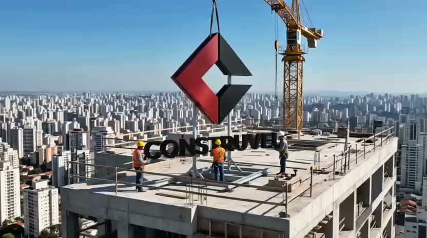 Canteiro de obras de grande porte com torres em construção