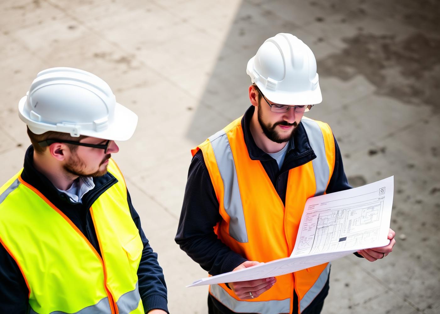 Engenheiros analisando planta em obra